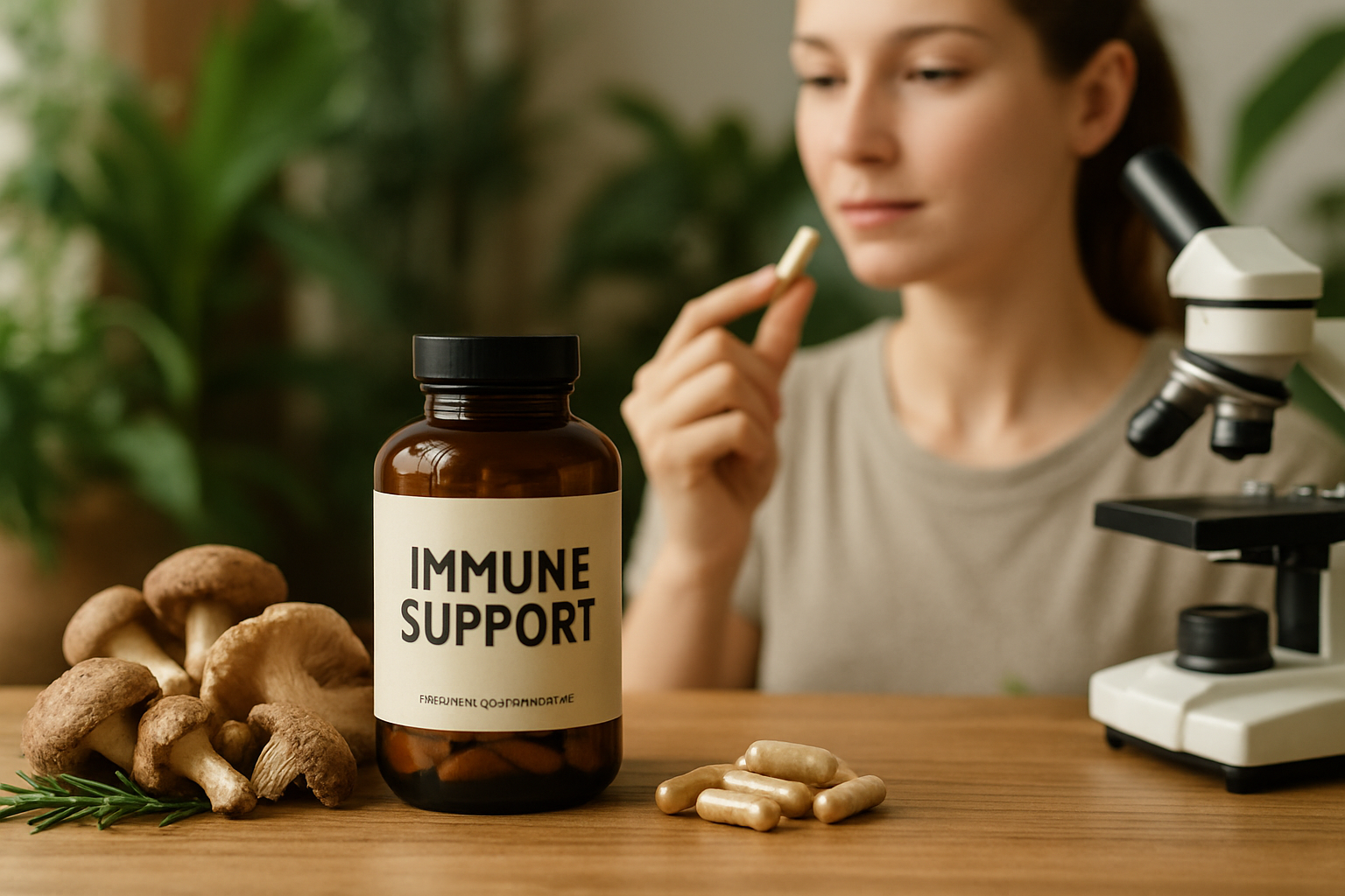 Verschiedene Heilpilze und Immunzellen symbolisch dargestellt