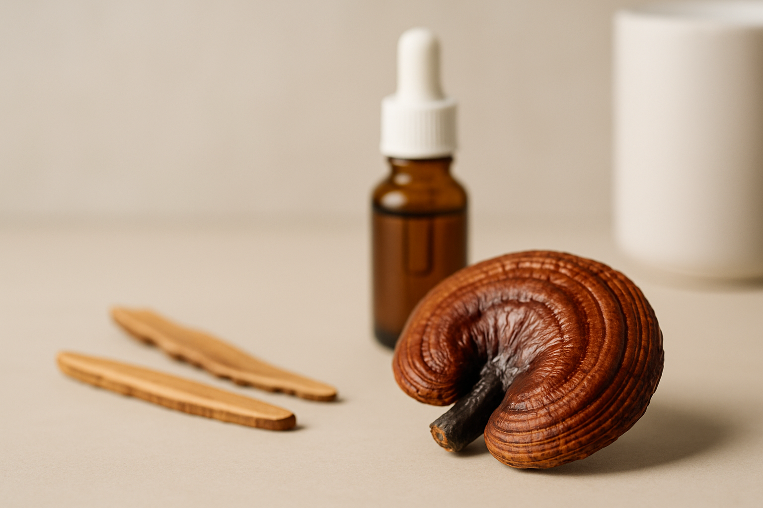 Reishi Pilz (Ganoderma lucidum) auf Holzstamm mit gesundheitsfördernden Eigenschaften